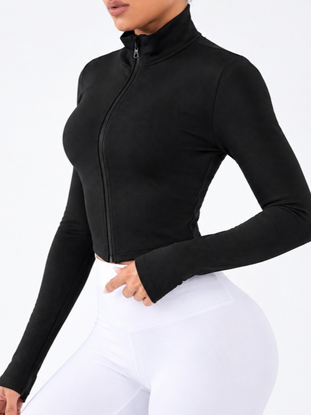 Women’s Black Zip-Front Long Sleeve Crop Top